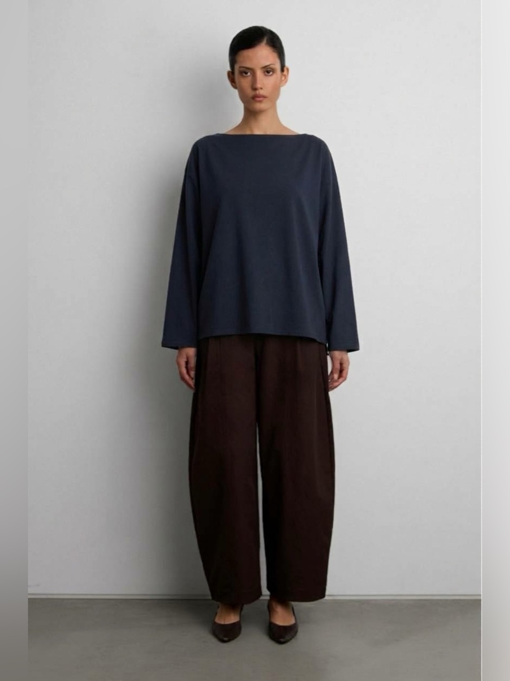 OAK + FORT Dropped Shoulder Boatneck Top in midnight blue /navy- Size XS